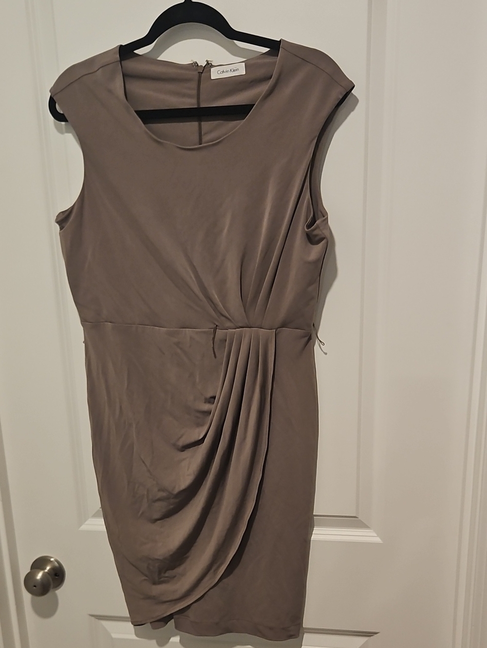 Calvin Klein Taupe Draped Sleeveless Midi Sheath Dress